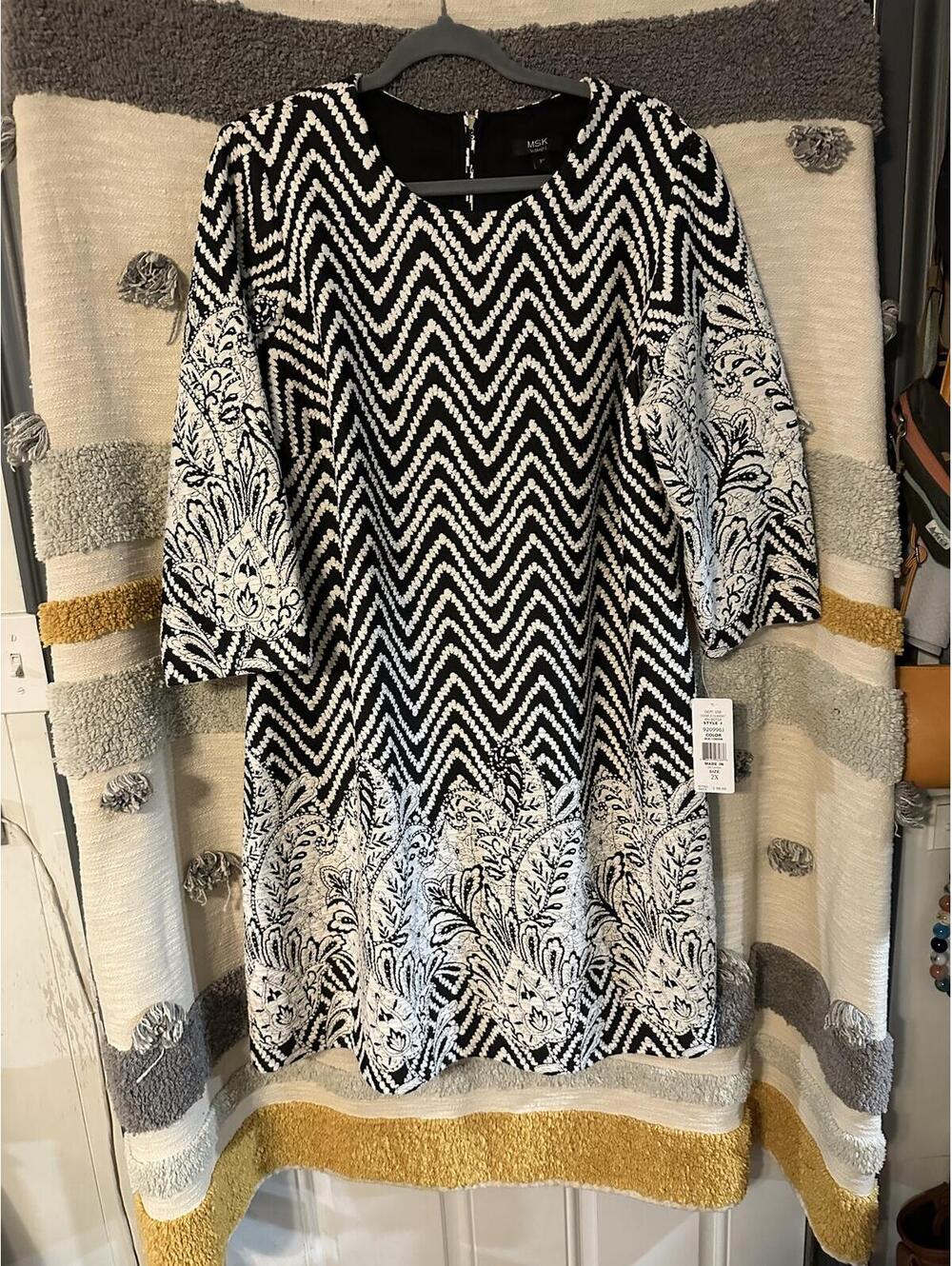 MSK Women's Size 2X Plus Black & Cream Chevron 3/4 Sleeve Shift Dress - NWT